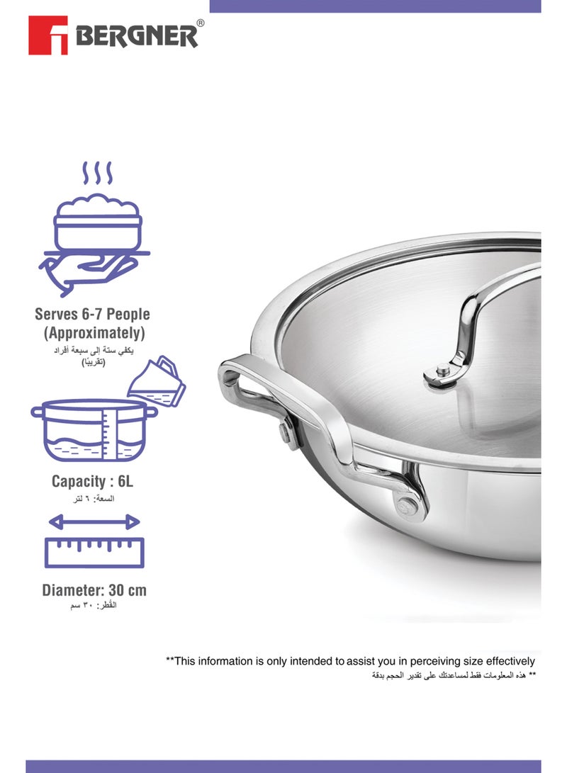 Bergner 30cm (6L) Triply Stainless Steel Stir-Fry Pan with Glass Lid, Deep Fry Pan for Healthy Cooking, Less Oil Use, Full Induction Base Wok, Even Heat Triply Cookware Kadhai, Deep Sauté Pan - Image 2